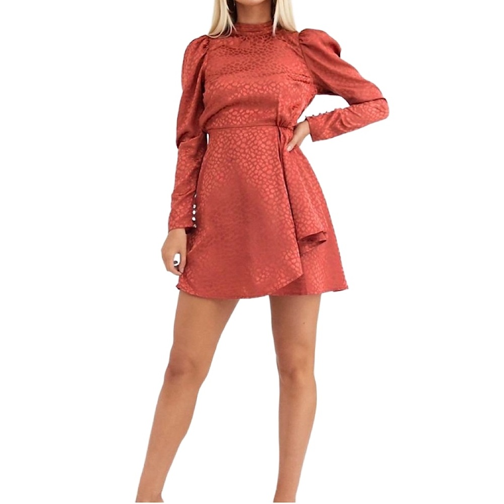 ASOS Jacquard Rust Puff Sleeve Mini Dress, size 6